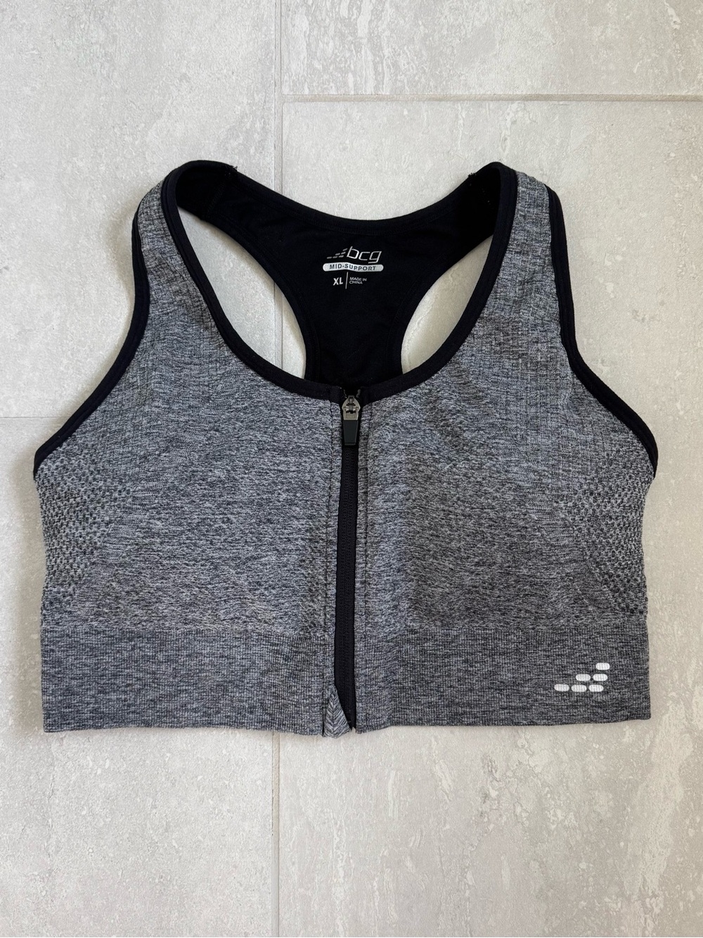 bcg Heather Gray Front-Zip Racerback Sports Bra with Black Trim